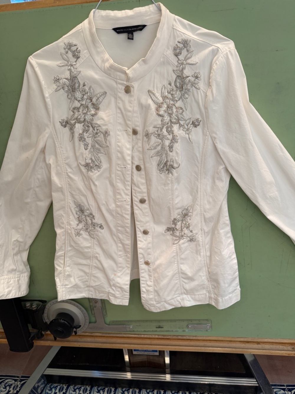 White House Black Market Cream Button-Front Embroidered Jacket